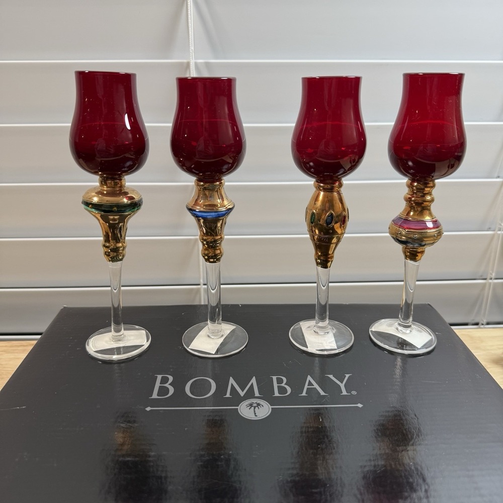 4 Vtg Bombay Company Romanov Ruby Gold Long Stem Cordial Glasses New 7" Red
